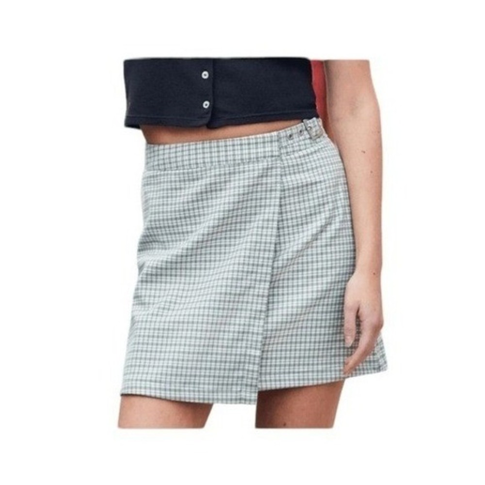Brandy Melville J. Galt Wrap Skirt Green White Plaid‎ Knit Mini Buckle Detail